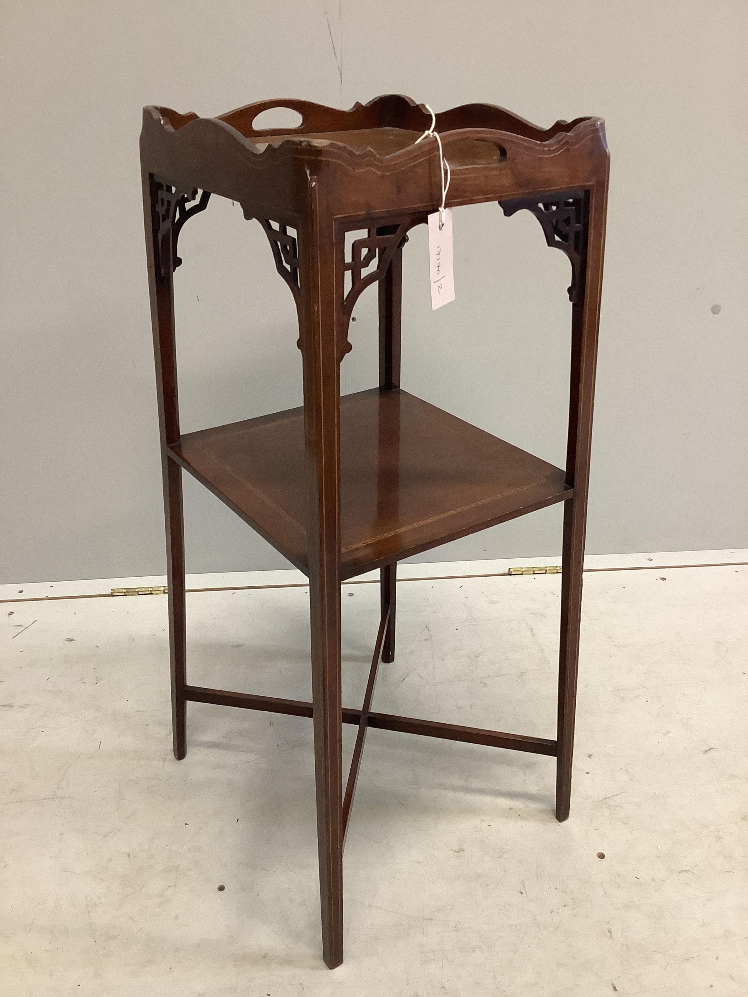 A George III mahogany two tier urn stand, width 32cm, height 79cm. Condition - fair to good